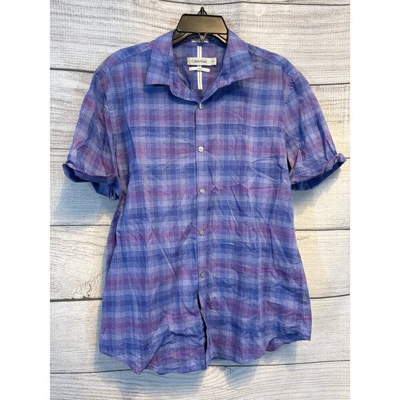 Mens Calvin Klein Short Sleeve Slim Fit Plaid Button Up Shirt Size L - Picture 1 of 3